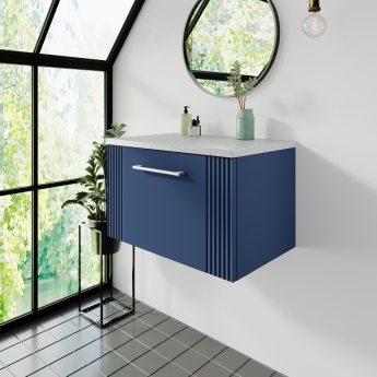 Nuie Deco Wall Hung 1-Drawer Vanity Unit with Sparkling White Worktop 600mm Wide - Satin Blue