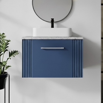 Nuie Deco Wall Hung 1-Drawer Vanity Unit with Sparkling White Worktop 600mm Wide - Satin Blue