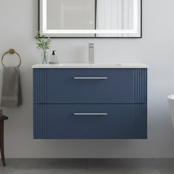 Nuie Deco Wall Hung 2-Drawer Vanity Unit with Basin-2 800mm Wide - Satin Blue