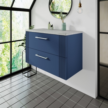 Nuie Deco Wall Hung 2-Drawer Vanity Unit with Bellato Grey Worktop 800mm Wide - Satin Blue