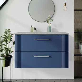Nuie Deco Wall Hung 2-Drawer Vanity Unit with Bellato Grey Worktop 800mm Wide - Satin Blue