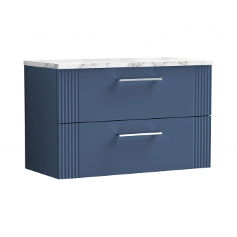 Nuie Deco Wall Hung 2-Drawer Vanity Unit with Carrera Marble Worktop 800mm Wide - Satin Blue