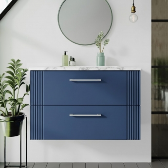Nuie Deco Wall Hung 2-Drawer Vanity Unit with Carrera Marble Worktop 800mm Wide - Satin Blue