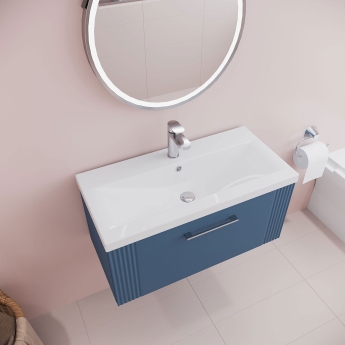 Nuie Deco Wall Hung 1-Drawer Vanity Unit with Basin-1 800mm Wide - Satin Blue | Product Image