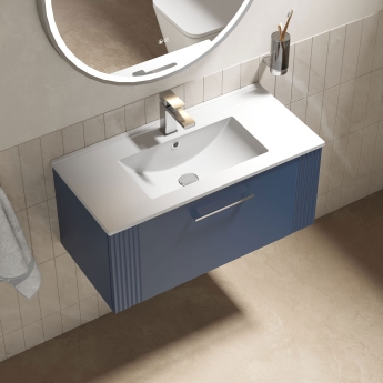 Nuie Deco Wall Hung 1-Drawer Vanity Unit with Basin-2 800mm Wide - Satin Blue | Product Image