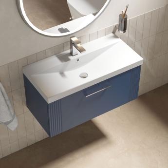 Nuie Deco Wall Hung 1-Drawer Vanity Unit with Basin-3 800mm Wide - Satin Blue | Product Image