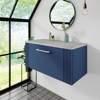 Nuie Deco Wall Hung 1-Drawer Vanity Unit with Bellato Grey Worktop 800mm Wide - Satin Blue