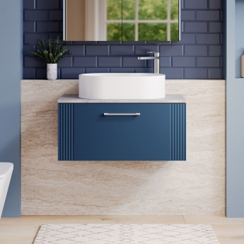 Nuie Deco Wall Hung 1-Drawer Vanity Unit with Bellato Grey Worktop 800mm Wide - Satin Blue | Product Image