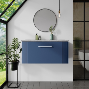 Nuie Deco Wall Hung 1-Drawer Vanity Unit with Bellato Grey Worktop 800mm Wide - Satin Blue