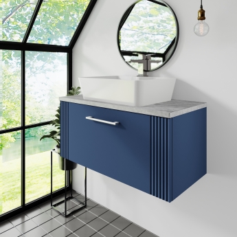 Nuie Deco Wall Hung 1-Drawer Vanity Unit with Bellato Grey Worktop 800mm Wide - Satin Blue