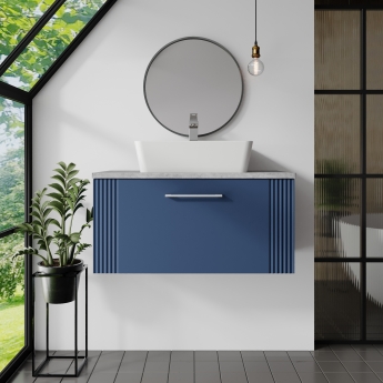 Nuie Deco Wall Hung 1-Drawer Vanity Unit with Bellato Grey Worktop 800mm Wide - Satin Blue