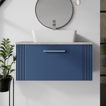 Nuie Deco Wall Hung 1-Drawer Vanity Unit with Bellato Grey Worktop 800mm Wide - Satin Blue