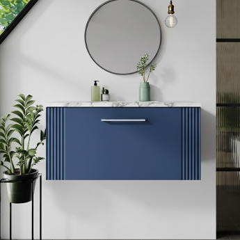 Nuie Deco Wall Hung 1-Drawer Vanity Unit with Carrera Marble Worktop 800mm Wide - Satin Blue | Product Image