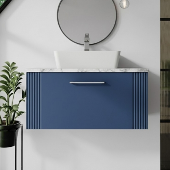 Nuie Deco Wall Hung 1-Drawer Vanity Unit with Carrera Marble Worktop 800mm Wide - Satin Blue | Product Image