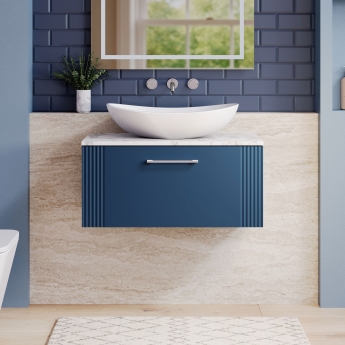 Nuie Deco Wall Hung 1-Drawer Vanity Unit with Carrera Marble Worktop 800mm Wide - Satin Blue | Product Image