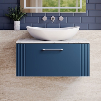Nuie Deco Wall Hung 1-Drawer Vanity Unit with Carrera Marble Worktop 800mm Wide - Satin Blue | Product Image