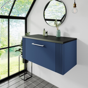 Nuie Deco Wall Hung 1-Drawer Vanity Unit with Sparkling Black Worktop 800mm Wide - Satin Blue