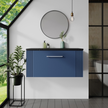 Nuie Deco Wall Hung 1-Drawer Vanity Unit with Sparkling Black Worktop 800mm Wide - Satin Blue