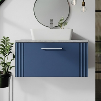 Nuie Deco Wall Hung 1-Drawer Vanity Unit with Sparkling White Worktop 800mm Wide - Satin Blue