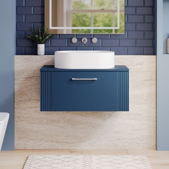 Nuie Deco Wall Hung 1-Drawer Vanity Unit with Worktop 800mm Wide - Satin Blue | Product Image