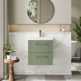 Nuie Deco Wall Hung 2-Drawer Vanity Unit with Basin-1 500mm Wide - Satin Green | Product Image