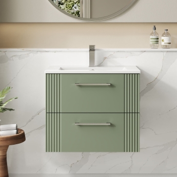 Nuie Deco Wall Hung 2-Drawer Vanity Unit with Basin-2 600mm Wide - Satin Green | Product Image