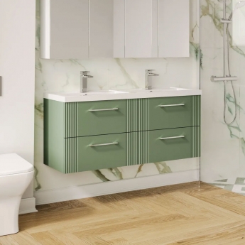 Nuie Deco Wall Hung 4-Drawer Vanity Unit with Double Polymarble Basin 1200mm Wide - Satin Green