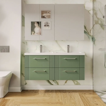 Nuie Deco Wall Hung 4-Drawer Vanity Unit with Double Polymarble Basin 1200mm Wide - Satin Green