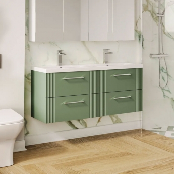 Nuie Deco Wall Hung 4-Drawer Vanity Unit with Double Ceramic Basin 1200mm Wide - Satin Green