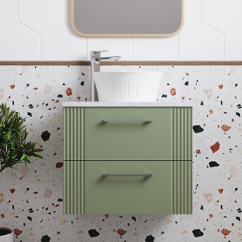 Nuie Deco Wall Hung 2-Drawer Vanity Unit with Bellato Grey Worktop 600mm Wide - Satin Green