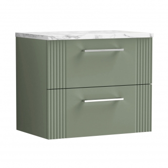 Nuie Deco Wall Hung 2-Drawer Vanity Unit with Carrera Marble Worktop 600mm Wide - Satin Green | Product Image