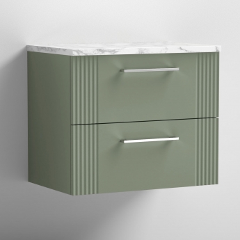 Nuie Deco Wall Hung 2-Drawer Vanity Unit with Carrera Marble Worktop 600mm Wide - Satin Green | Product Image