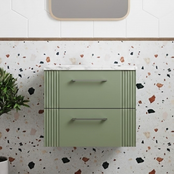 Nuie Deco Wall Hung 2-Drawer Vanity Unit with Carrera Marble Worktop 600mm Wide - Satin Green | Product Image