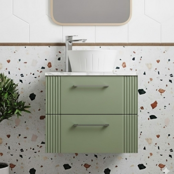 Nuie Deco Wall Hung 2-Drawer Vanity Unit with Carrera Marble Worktop 600mm Wide - Satin Green | Product Image