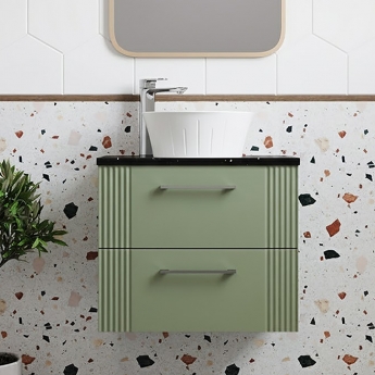 Nuie Deco Wall Hung 2-Drawer Vanity Unit with Sparkling Black Worktop 600mm Wide - Satin Green