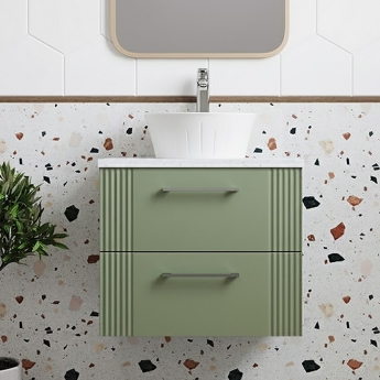Nuie Deco Wall Hung 2-Drawer Vanity Unit with Sparkling White Worktop 600mm Wide - Satin Green