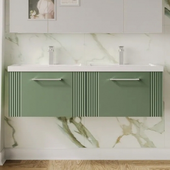 Nuie Deco Wall Hung 2-Drawer Vanity Unit with Double Polymarble Basin 1200mm Wide - Satin Green