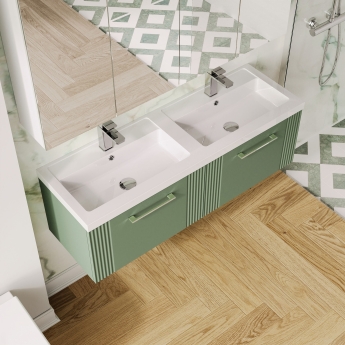 Nuie Deco Wall Hung 2-Drawer Vanity Unit with Double Polymarble Basin 1200mm Wide - Satin Green | Product Image