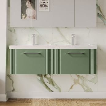 Nuie Deco Wall Hung 2-Drawer Vanity Unit with Double Polymarble Basin 1200mm Wide - Satin Green | Product Image