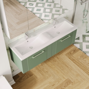 Nuie Deco Wall Hung 2-Drawer Vanity Unit with Double Ceramic Basin 1200mm Wide - Satin Green | Product Image