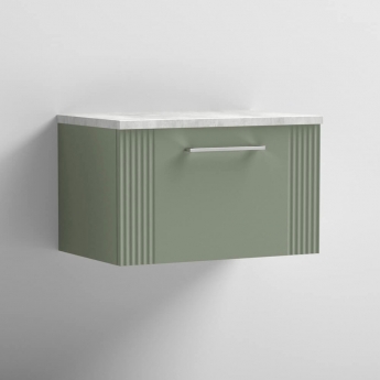 Nuie Deco Wall Hung 1-Drawer Vanity Unit with Bellato Grey Worktop 600mm Wide - Satin Green