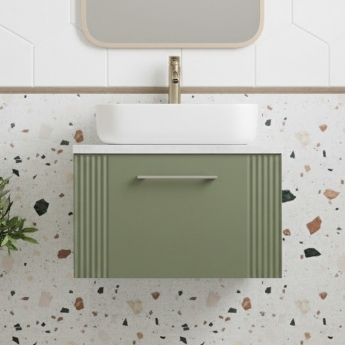 Nuie Deco Wall Hung 1-Drawer Vanity Unit with Bellato Grey Worktop 600mm Wide - Satin Green