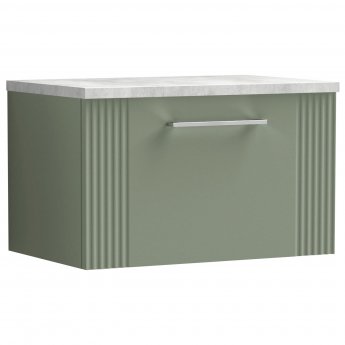 Nuie Deco Wall Hung 1-Drawer Vanity Unit with Bellato Grey Worktop 600mm Wide - Satin Reed Green