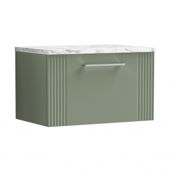Nuie Deco Wall Hung 1-Drawer Vanity Unit with Carrera Marble Worktop 600mm Wide - Satin Green | Product Image