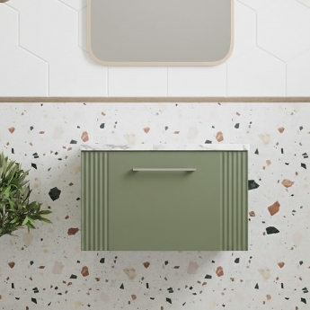 Nuie Deco Wall Hung 1-Drawer Vanity Unit with Carrera Marble Worktop 600mm Wide - Satin Green | Product Image