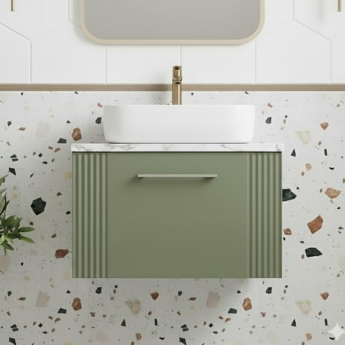 Nuie Deco Wall Hung 1-Drawer Vanity Unit with Carrera Marble Worktop 600mm Wide - Satin Green | Product Image