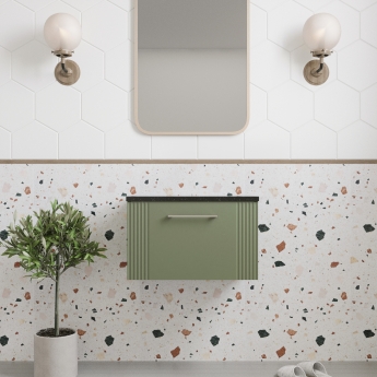 Nuie Deco Wall Hung 1-Drawer Vanity Unit with Sparkling Black Worktop 600mm Wide - Satin Green