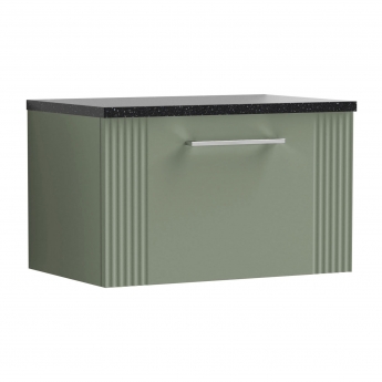 Nuie Deco Wall Hung 1-Drawer Vanity Unit with Sparkling Black Worktop 600mm Wide - Satin Green