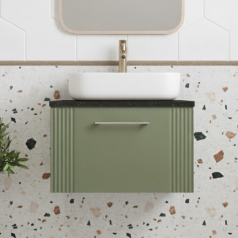 Nuie Deco Wall Hung 1-Drawer Vanity Unit with Sparkling Black Worktop 600mm Wide - Satin Green