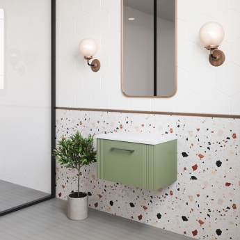 Nuie Deco Wall Hung 1-Drawer Vanity Unit with Sparkling White Worktop 600mm Wide - Satin Green